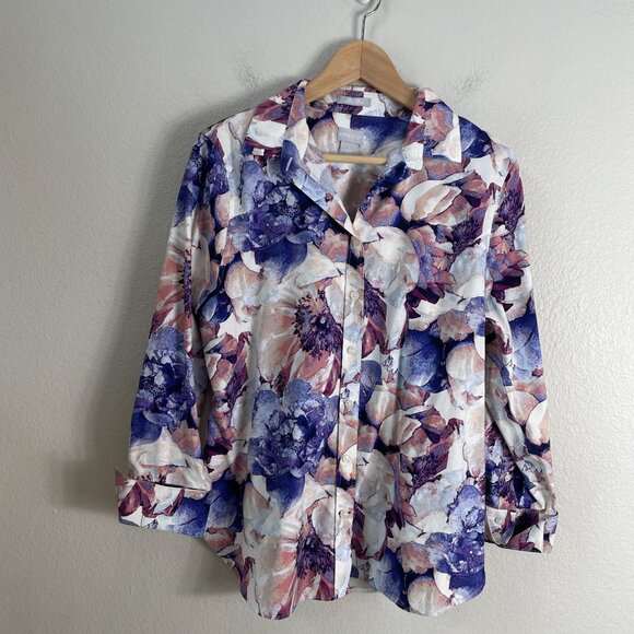 Chicos Womens 8 No Iron Chic Stretch Floral Button Up Shirt 3/4 Sleeve Blouse - Picture 7 of 11